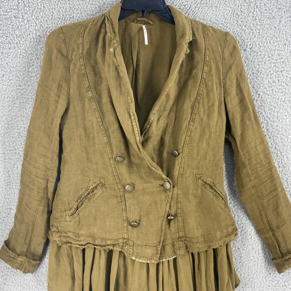 Free People Jacket Womens XS Brown Linen Ruffle Hem Double Breasted Boho Blazer - Picture 10 of 16